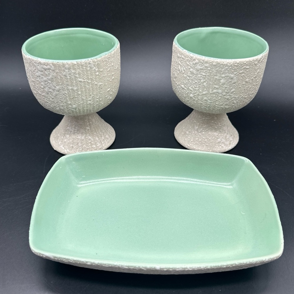 Midcentury California Originals Pottery White and Mint Spatterware Compotes Dish